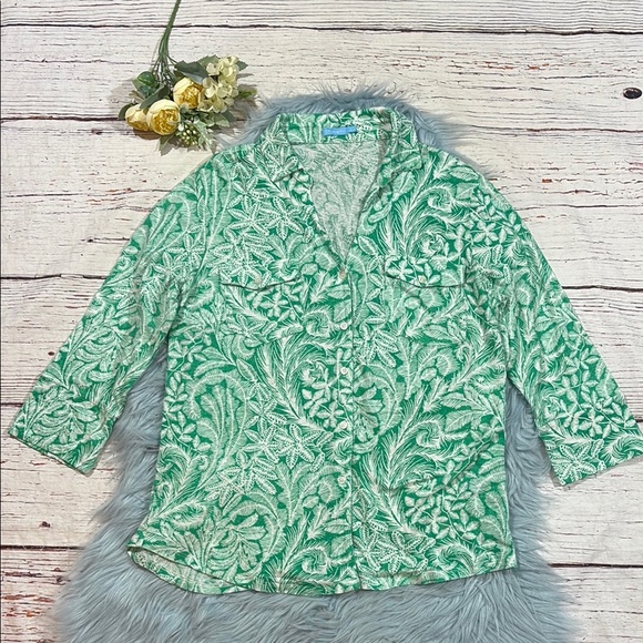 J. McLaughlin Tropical Linen Button 3/4 Sleeve Top - Picture 1 of 8